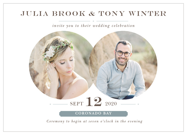 Two overlapping circles show off your engagement photos on the Double Exposure Wedding Invitations. 