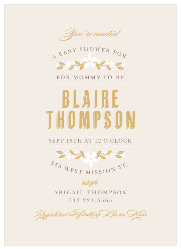 Create invites to celebrate the mom-to-be with the sweet florals of the Farmhouse Blooms Foil Baby Shower Invitations.