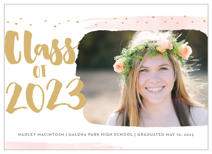 Effervescent strokes and dots frame the Painted Swoosh Foil Graduation Announcements. 