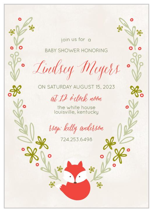 A woodland wreath frames the Baby Fox Baby Shower Invitations.