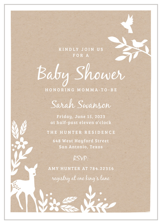 Forest foliage and wildlife trail the corners of the Kraft Woodland Baby Shower Invitations.