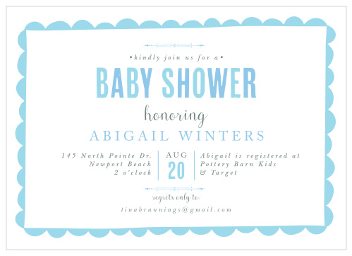 A playful border frames your text on the Sweet Scallops Boy Baby Shower Invitations. 