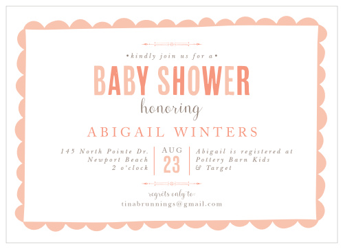 A playful border frames your text on the Sweet Scallops Girl Baby Shower Invitations. 