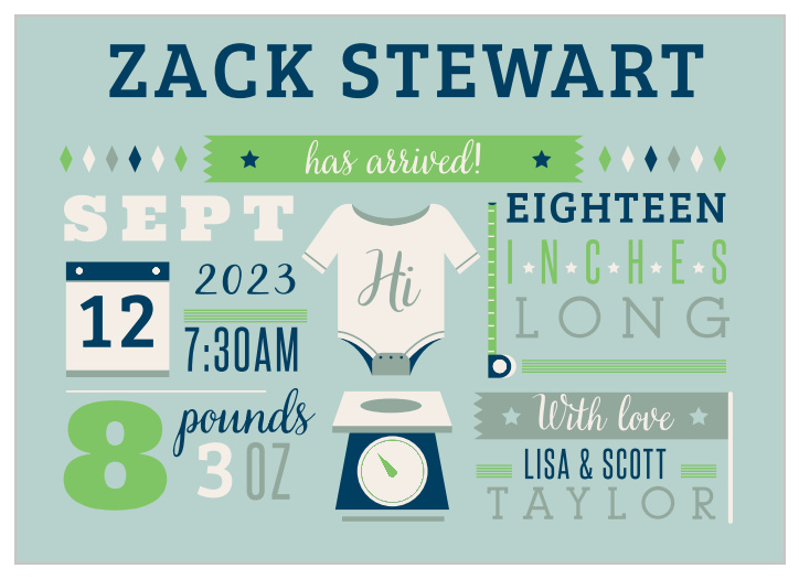 Give friends and family all the details with the Illustrated Info Boy Birth Announcements. 