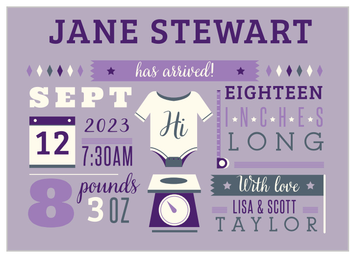 Give friends and family all the details with the Illustrated Info Girl Birth Announcements.