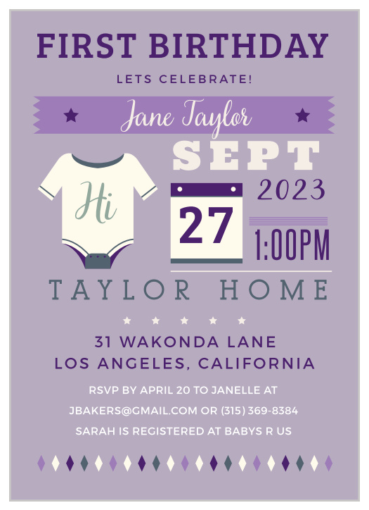 Create fun invites to your daughter's first birthday party with the Illustrated Info Girl Birthday Invitations.