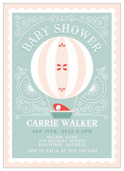 A beautiful striped balloon carries a baby on the Frilly Fairgrounds Baby Shower Invitations.