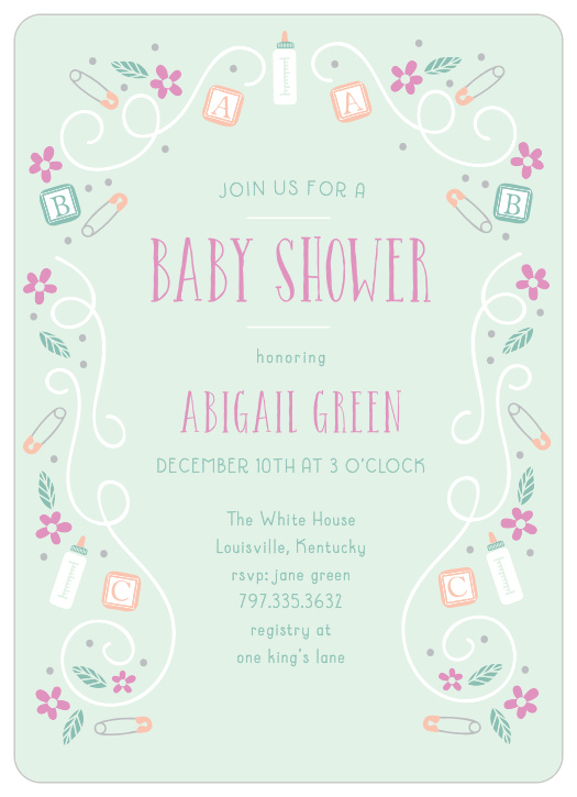 Bottles, blocks, and safety pins mingle with florals and swirls to make a playful border on the ABC Blocks Baby Shower Invitations.