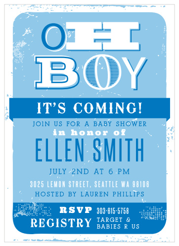 A lively mix of fonts and artistic distressing make the Oh Boy Baby Shower Invitations a fun invite.