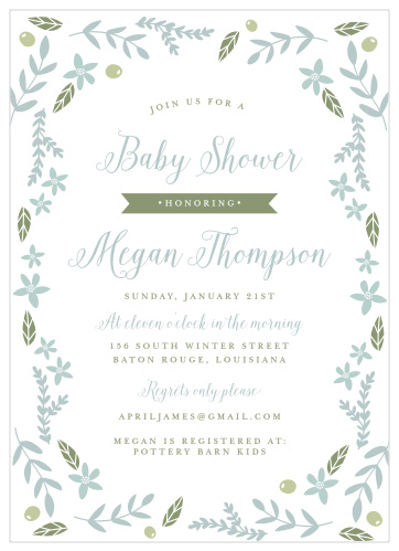 Leaves, flowers, and olives make a festive border on the Wild Garden Baby Shower Invitations.