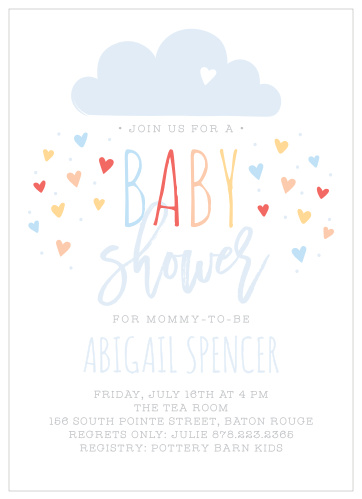 Doodle hearts rain down from a cheery raincloud on the Showered with Love Baby Shower Invitations.