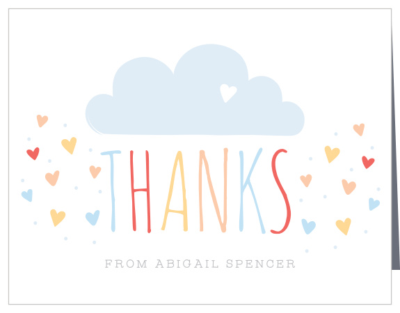 Doodle hearts rain down from a cheery raincloud on the Sprinkled With Love Thank You Cards.