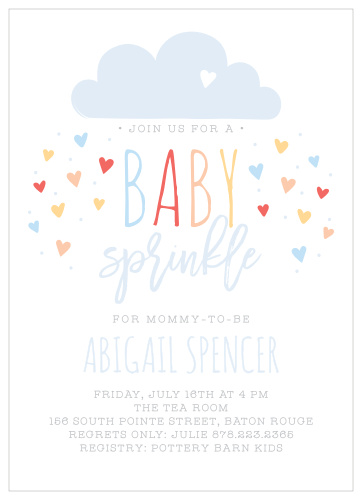Doodle hearts rain down from a cheery raincloud on the Sprinkled With Love Baby Shower Invitations.