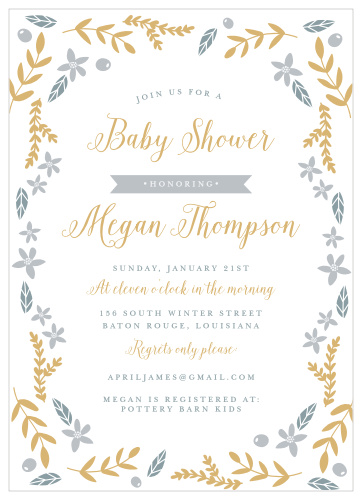 Leaves, flowers, and olives with gold or silver foil details make a festive border on the Wild Garden Foil Baby Shower Invitations.
