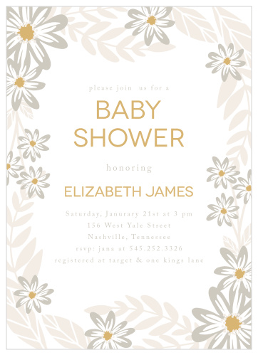 Bright flowers surround your text on the Sunny Flowers Foil Baby Shower Invitations. 