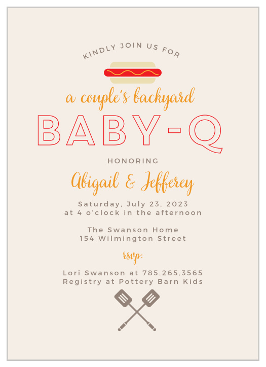Invite friends and family to honor both parents-to-be at a backyard party with the Baby-Q Baby Shower Invitations.