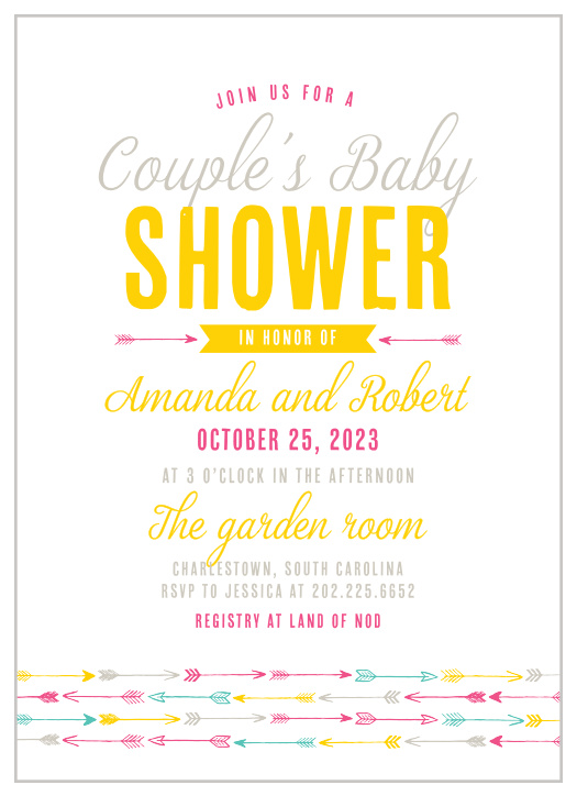 Trendy arrows accent your text on the Couple's Shower Baby Shower Invitations.