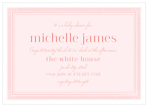 A cute, homey border frames the Baby Blanket Girl Baby Shower Invitations. 