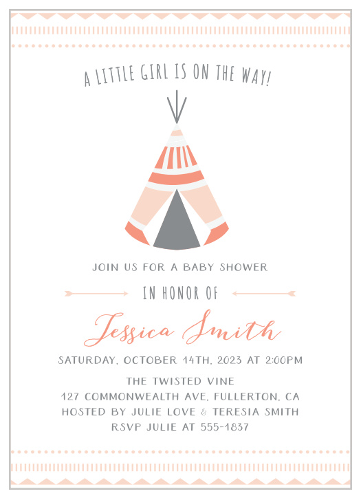 The southwestern pattern and theme of the geometric teepee are the perfect way to invite your guests to your baby shower.  The colors and fonts can all easily be changed to perfectly match the theme of your event. 