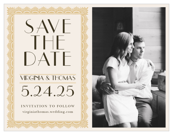 Dress your wedding details in the vintage class of the Roaring Twenties Save-the-Date Cards.