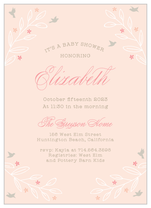 Graceful birds dot the background of the In Flight Baby Shower Invitations.