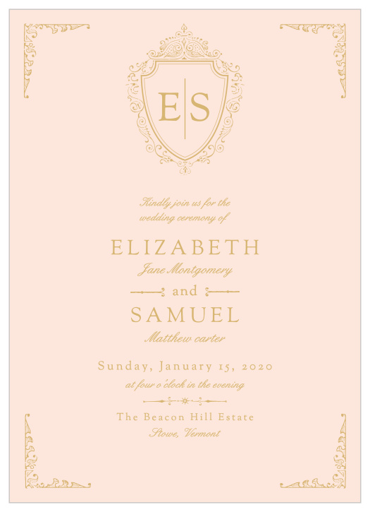 A luxurious badge containing your initials tops the Scrolling Monogram Foil Wedding Invitations. 