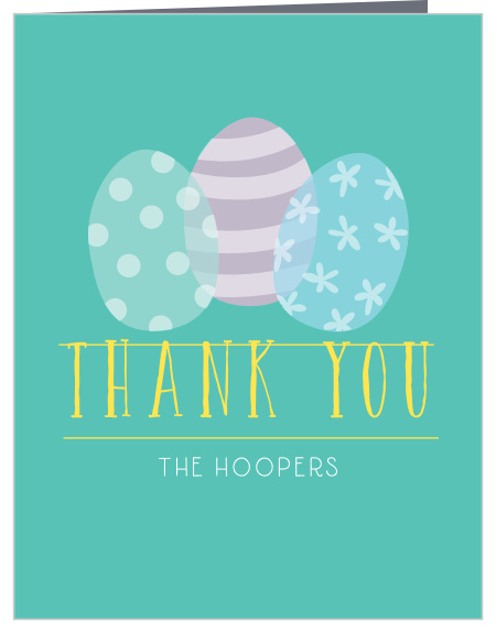 A variety of patterns decorate the eggs on the Egg Hunt Holiday Party Thank You cards.