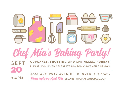 Invites friends for a day filled with baked goods, frosting and sprinkles using the Bakerâs Delight Children's Birthday Party Invitations.