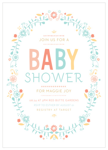 An oval of colorful flowers surround the Baby Wreath Foil Baby Shower Invitations.