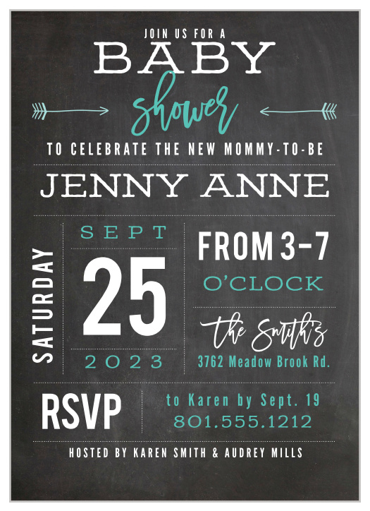 Customize this chalkboard inspired baby shower invitation to match your shower theme.