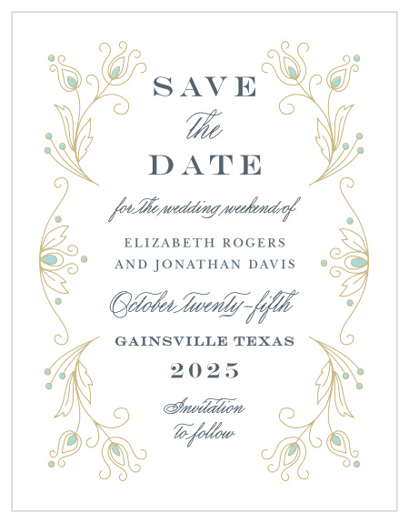 Stylized feathers frame your text on the Peacock Flourish Save-the-Date Cards. 