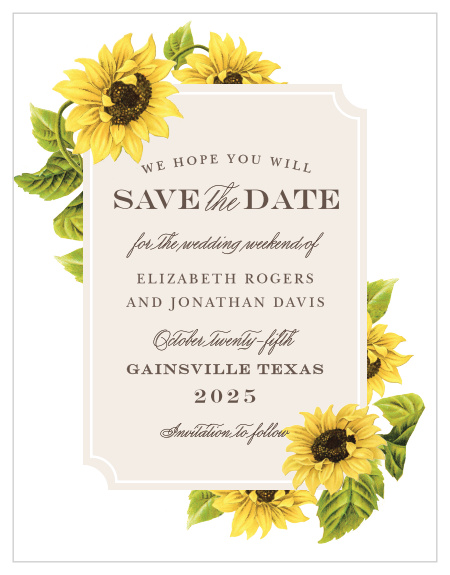 Bright florals frame your text on the Sunflowers Frame Save-the-Date Cards.