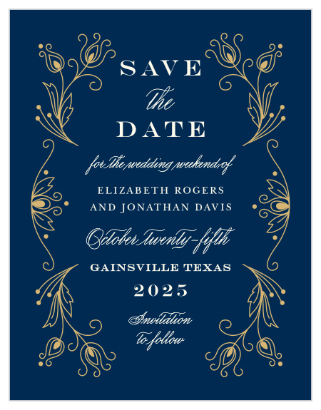 Stylized feathers frame your text on the Peacock Flourish Foil Save-the-Date Cards.