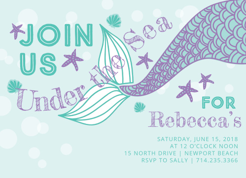 Starfish, sea shells and a mermaid tail make the Under the Sea Children's Birthday Party Invitations perfect for your little water lover. 
