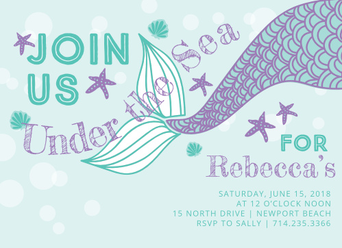 Starfish, sea shells and a mermaid tail make the Under the Sea Children's Birthday Party Invitations perfect for your little water lover.