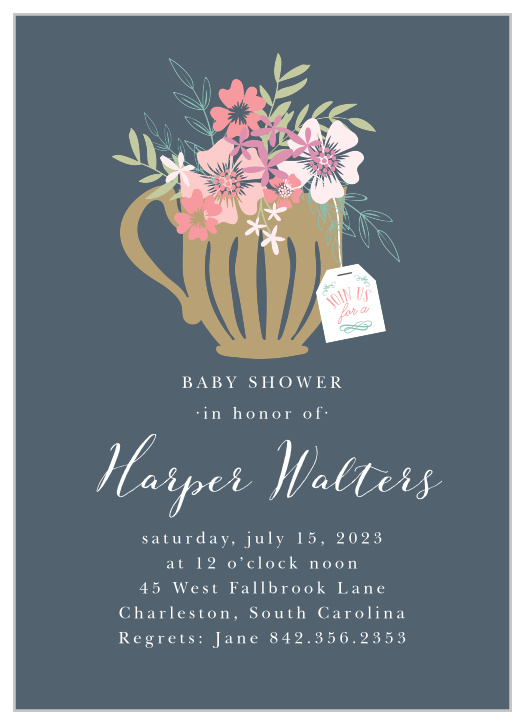 Time for tea! The design of the Tasteful Tea Pot Baby Shower Invitation is fresh and elegant, featuring a teacup full of blooming bouquets. 