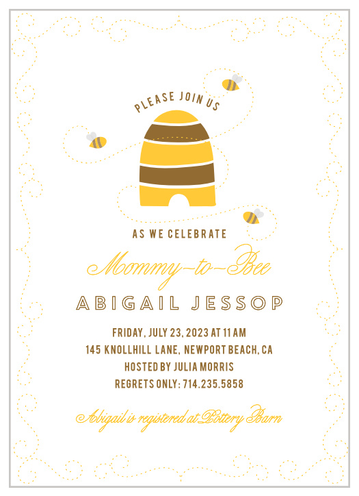 Friendly bees buzz all around the Honey Bee Baby Shower Invitations.