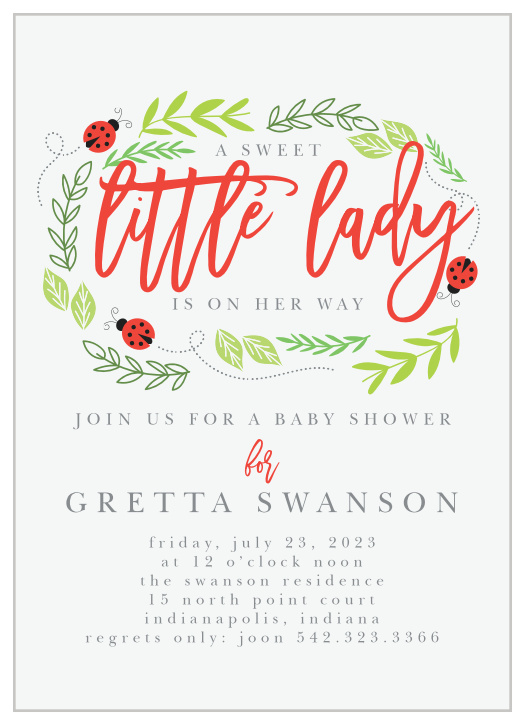 Sweet ladybugs play in a frame of leaves on the Little Ladybug Baby Shower Invitations. 