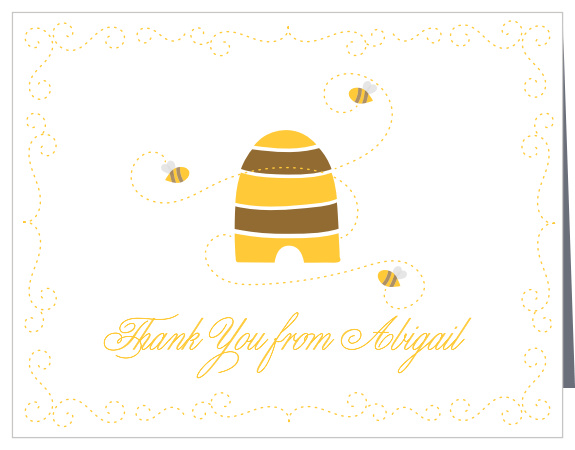 Bees buzz around a beehive on the Honey Bee Thank You Cards. 