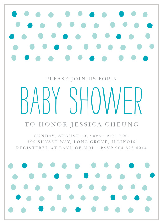 Dots in your choice of colors speckle the top and the bottom of the Painted Dots Baby Shower Invitations.