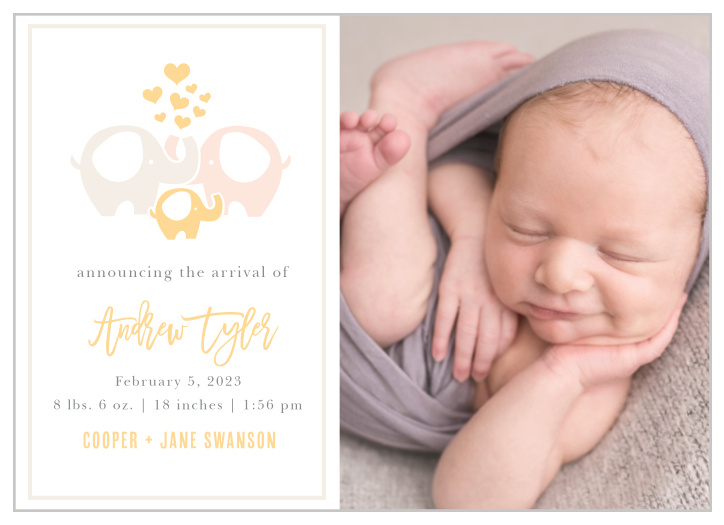 Let your love ones know about the arrival of your newborn with the Baby Elephant Birth Announcements.