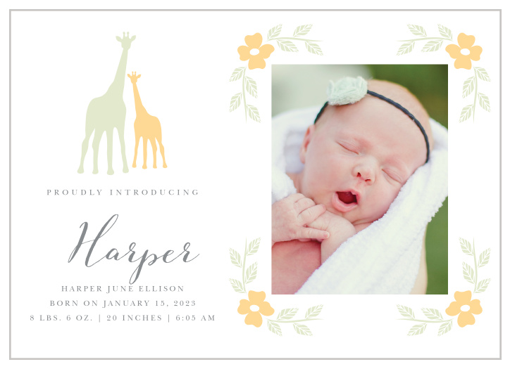 Sweet flowers frame your newborn's photo on the Delicate Giraffe Birth Announcements.