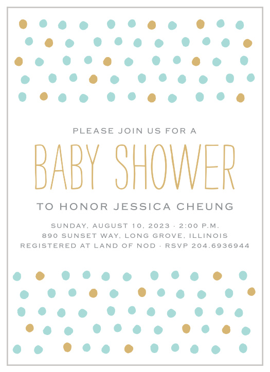Dots in your choice of colors, including real foil, speckle the top and the bottom of the Painted Dots Baby Shower Invitations.