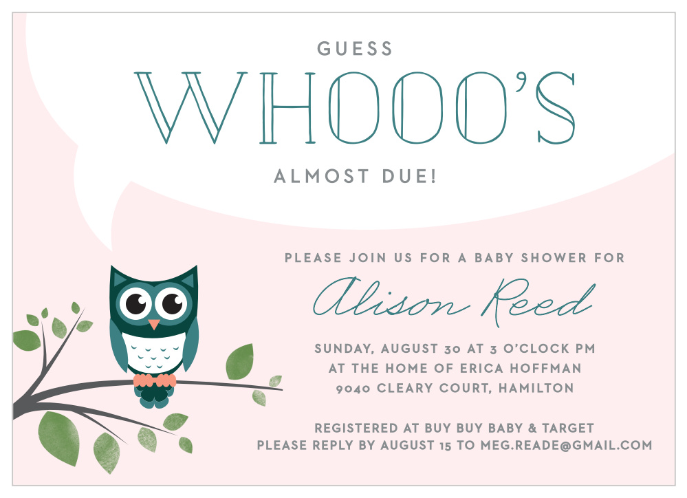 juicio Rosa Camarada Night Owl Baby Shower Invitations by Basic Invite