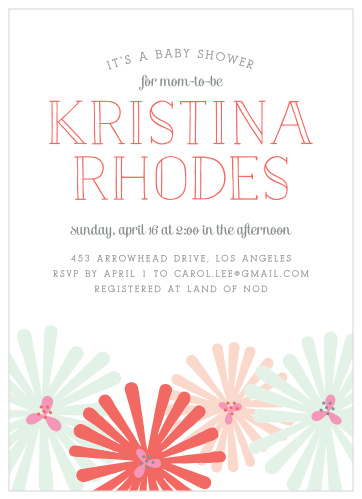 Retro-style flowers dance at the bottom of the Spring Blooms Baby Shower Invitations.