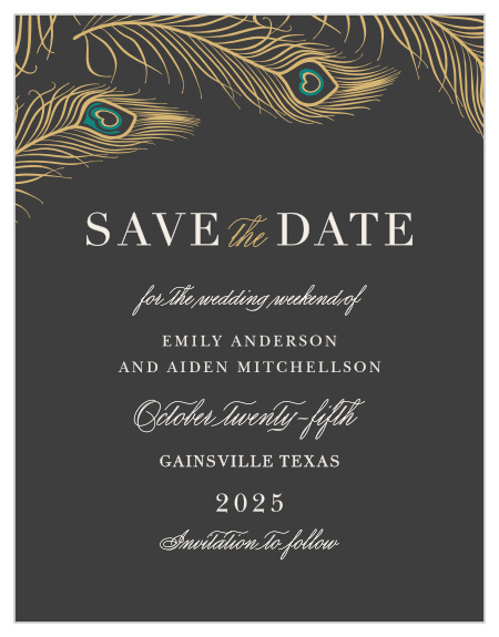 Announce your wedding luxuriously with the Peacock Feather Foil Save-the-Date Cards.