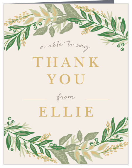 With a cascade of leaves in varying shades of blue surrounding the text in the center, these Regal Wreath Foil Bat Mitzvah Thank You Cards radiate elegance.