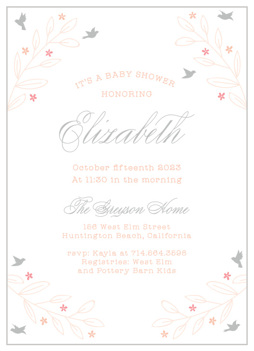 Graceful birds dot the background of the In Flight Foil Baby Shower Invitations.