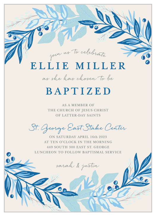 With a cascade of leaves in varying shades of blue surrounding the text in the center, these Regal Wreath LDS Baptism Invitations radiate elegance.