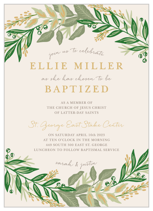 With a cascade of leaves in varying shades of blue surrounding the text in the center, these Regal Wreath Foil LDS Baptism Invitations radiate elegance.